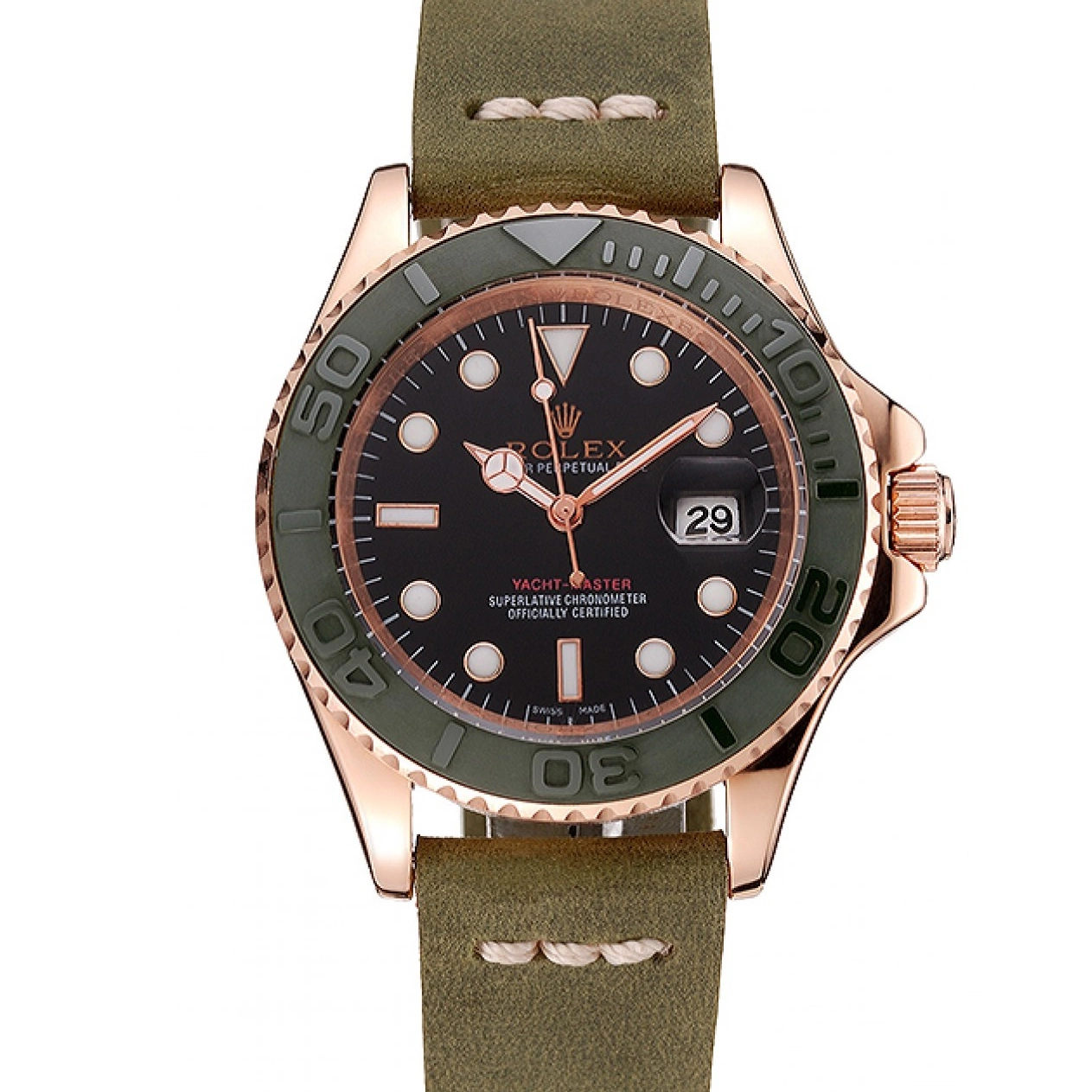 Aaa replica watch Bezel Rose Dial Rolex Black Leather Gold 1453862 Green Bracelet Green Master Case Yacht 0721